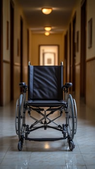 A Wheelchair in a Long Hospital Corridor A Symbol of Accessibility, Healthcare, and the Ongoing Quest for Independence and Empower photo