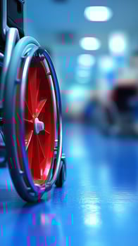 A Red Wheel of a Wheelchair Reflecting on a Polished Blue Floor A Symbol of Accessibility, Healthcare, and the Journey Toward Inde photo