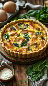 Salmon and Spinach Quiche Recipe A Flaky Crust Filled with Creamy Salmon, Spinach, and a hint of Cheese. Perfect for a delicious l photo
