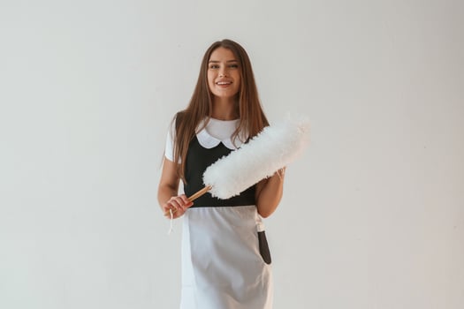 Positive, chambermaid is holding, cleaning thing. Young pretty woman is against background in the studio photo