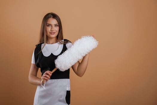 Occupation of chambermaid... Young pretty woman is against background in the studio photo