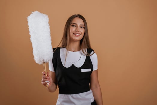 Beautiful ,chambermaid, is, holding cleaning brush. Young pretty woman is against background in the studio photo