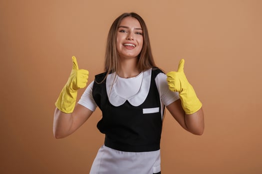 Brown, backdrop, chambermaid is standing. Young pretty woman is against background in the studio photo