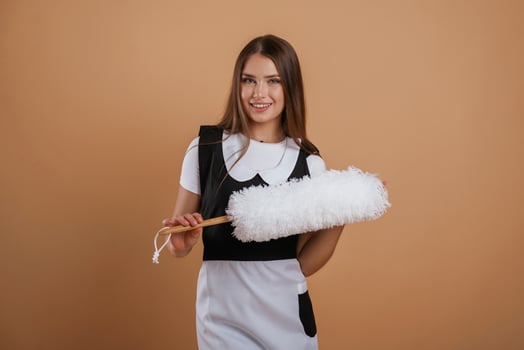 Occupation,, of chambermaid. Young pretty woman is against background in the studio photo