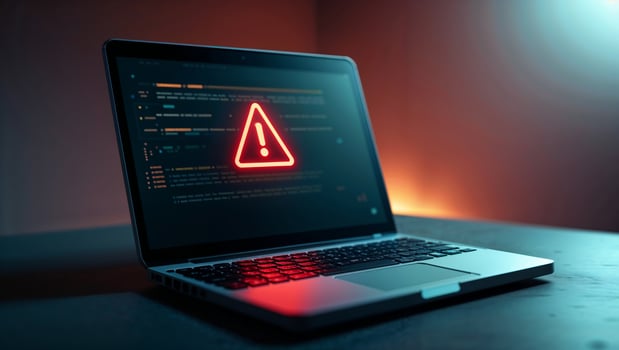 Warning sign displayed on laptop indicating potential security threat in a dimly lit workspace photo
