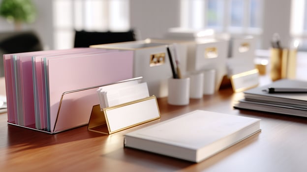 Sleek and organized workspace showcasing stationery and office supplies in a bright and modern setting photo