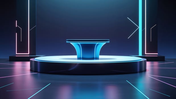 Modern futuristic stage design features glowing circular platform and neon accents for immersive events and presentations photo