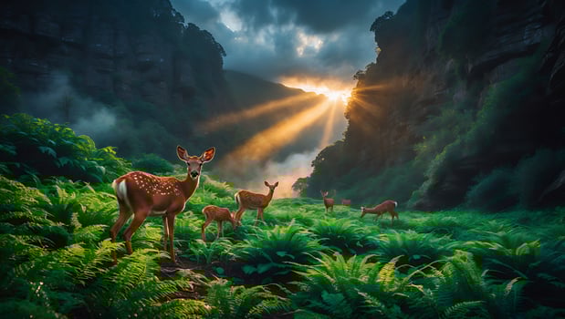 Deer Grazing in Lush Forest at Dawn with Light Rays photo