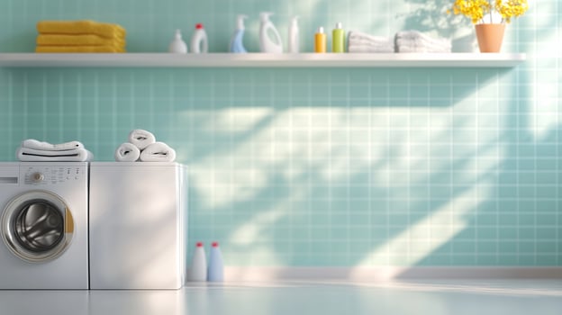 Modern laundry room with a washing machine, neatly folded towels, and bright decor in a serene setting photo