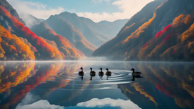 Ducks Swimming on Lake Reflecting Autumn Mountains and Sky photo