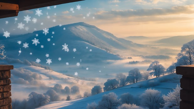 Snowflakes Falling Over Tranquil Winter Mountain Landscape From Cozy Cabin photo