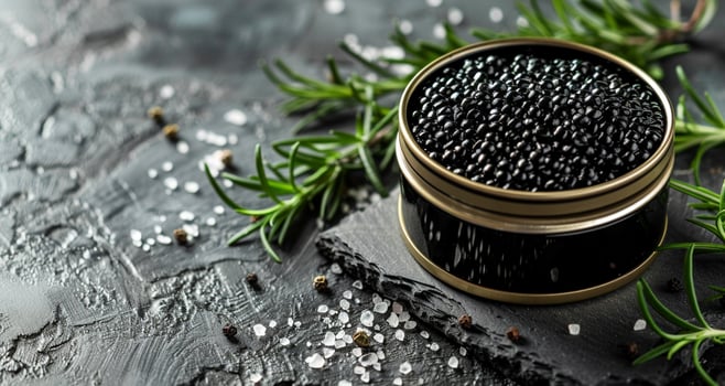 A small tin of caviar is surrounded by salt and pepper photo