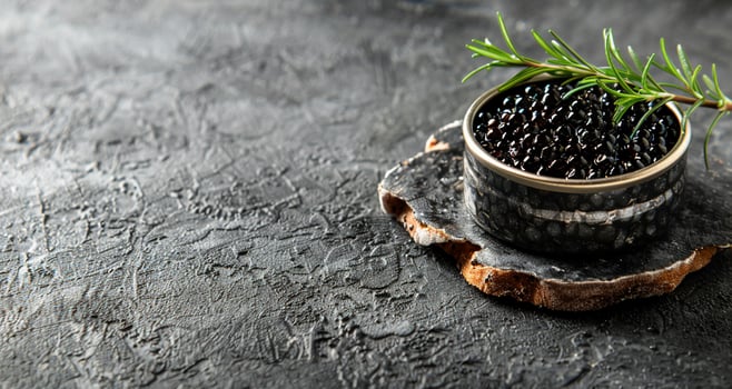 A bowl of caviar sits on a wooden surface photo