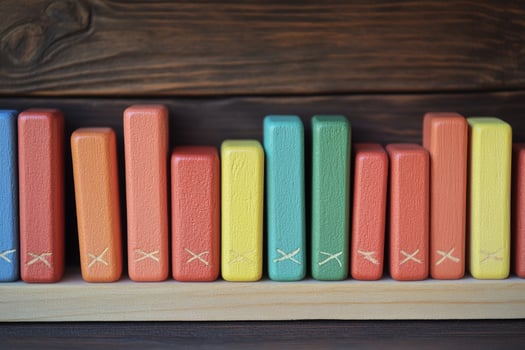 A wooden shelf with colorful wooden blocks photo