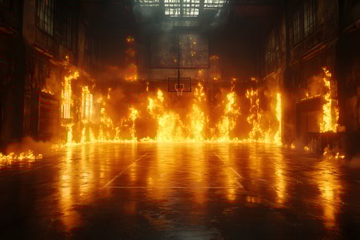 Intense Indoor Basketball Court Ablaze with Fire and Flames - Dramatic Concept for Creative Design photo
