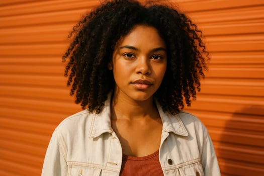 Confident young woman with curly hair posing in front of orange wall. . photo