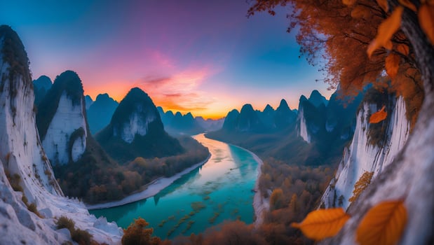 River Flowing Through Mountain Landscape at Sunset with Colorful Sky photo