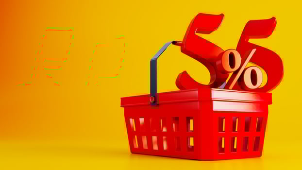 3D render of red supermarket basket with red fifty five percent offer on colored background photo