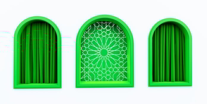 Golden arabic ornament on the wal wall with islamic green islamic windows. islamic vip concept, ramadan, eid mubarak, red curtains photo