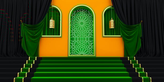 Golden arabic ornament on the yellow wall with islamic door. islamic vip concept, ramadan, red curtains photo