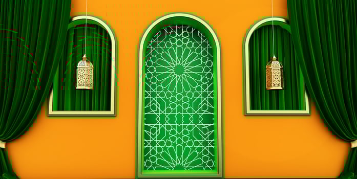 Golden arabic ornament on the yellow wall with islamic door. islamic vip concept, ramadan, red curtains. photo