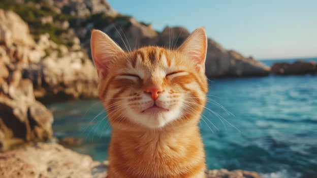 Peaceful Cat Portrait with Closed Eyes and Calm Face, Seaside Serenity photo