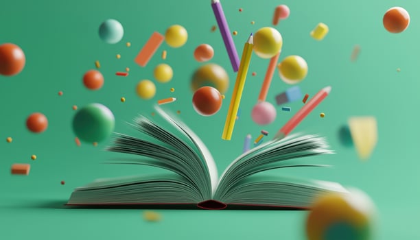 Floating School Supplies Emerge From Book Surrounded By Colorful Balls On Green Surface In Artwork Titled Render photo