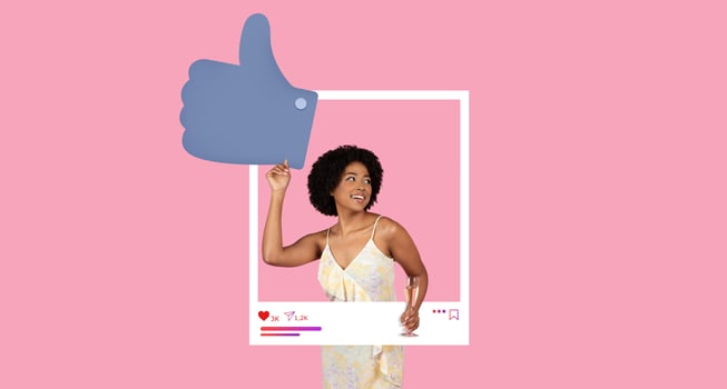 A confident influencer poses with a thumbs up, radiating positivity. The cheerful background enhances the lively connection with her online audience, showcasing her vibrant personality and content. photo