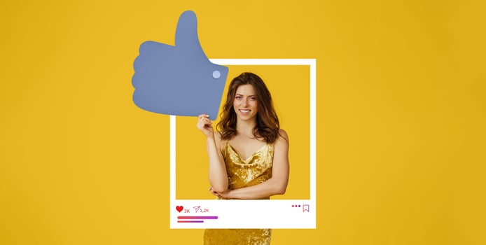 A woman in a golden dress stands in a social media-style frame, smiling and giving a thumbs up. Bright yellow background enhances her joyful expression and positive energy for online content. photo