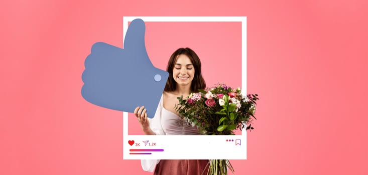 A joyful influencer holds a vibrant bouquet while giving a thumbs up. The bright pink background adds energy, highlighting her enthusiasm for sharing content online and connecting with followers. photo