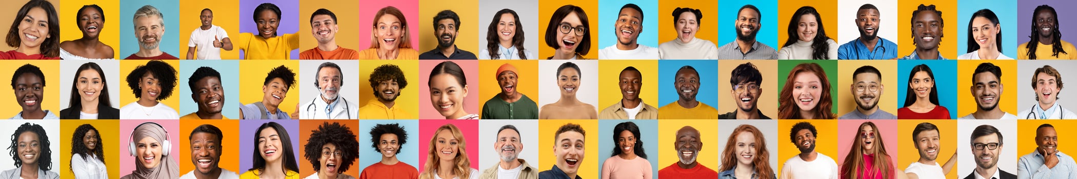 This lively collection showcases portraits of diverse individuals expressing joy and connection. Each face represents a unique background, highlighting the beauty of diversity in society. photo