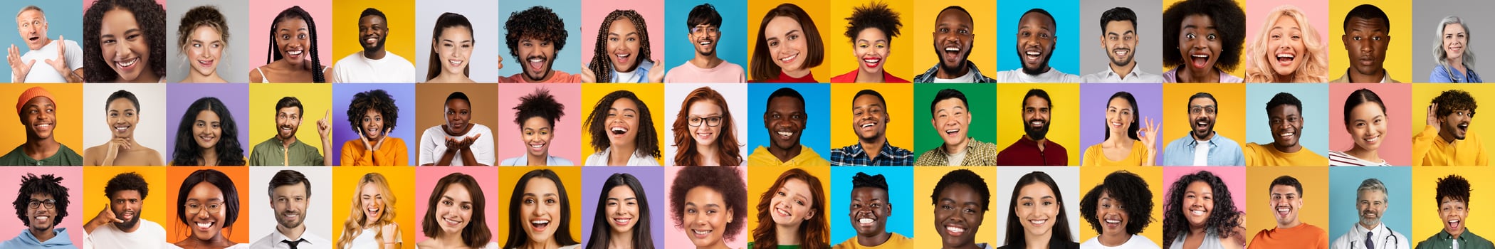 A vibrant collage features diverse individuals smiling joyfully against colorful backgrounds. Each portrait represents a unique story and cultural identity, celebrating unity in diversity. photo