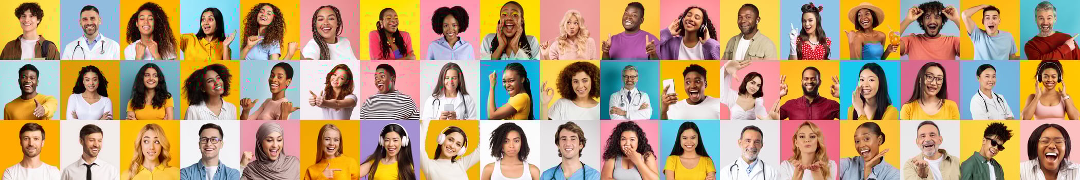 A vibrant collection features diverse individuals smiling and expressing happiness against colorful backgrounds. This lifestyle portrait showcases the beauty of diversity and togetherness. photo