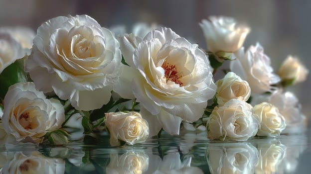 White roses arranged beautifully in soft light on a reflective surface, showcasing delicate petals and intricate details photo