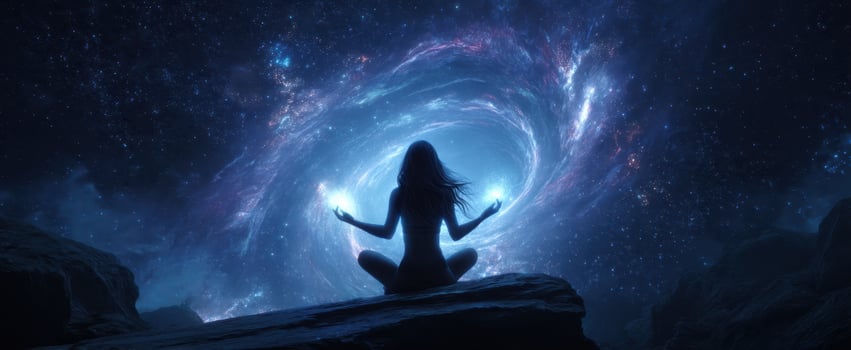 The silhouette of a woman meditating in a cosmic galaxy landscape photo