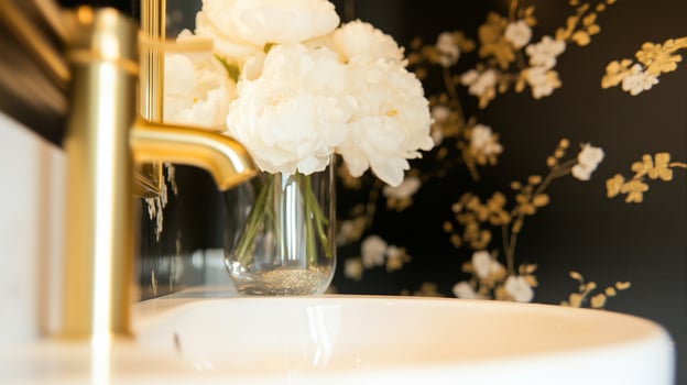 A bathroom with gold and black wallpaper and a vase of flowers photo