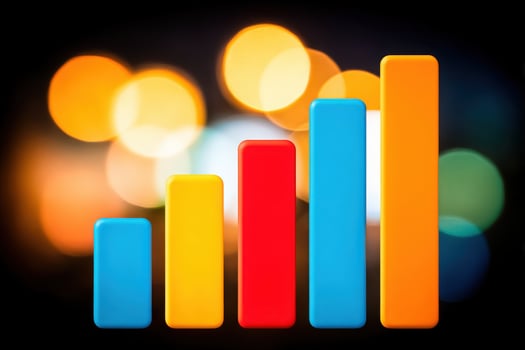 A bar graph displays data progression with bars in blue, red, yellow, and orange on a dark backdrop. Bokeh lights create a lively atmosphere, enhancing the visual impact of the growth representation. photo