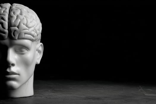 A white sculpture of a human head with a detailed brain design is displayed against a dark background. The focus is on the intricate textures and contours of the brain section, emphasizing artistry. photo
