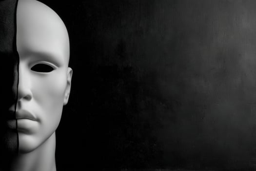 A mannequin with a smooth, expressionless face stands against a stark black background, emphasizing its facelessness. photo