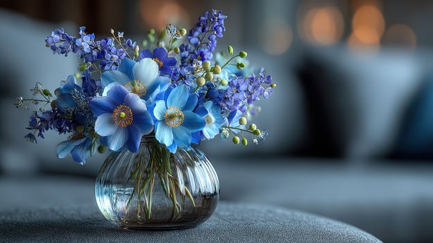 Decorative blue flower arrangement in a stylish glass vase on a modern table setting photo