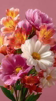 Colorful bouquet of fresh flowers including peonies and lilies arranged on a soft pink background photo