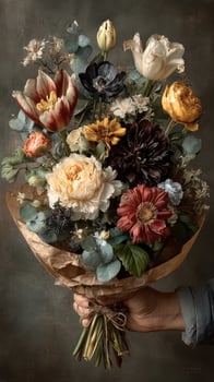 Beautifully arranged bouquet featuring colorful flowers with unique textures and shapes held by a hand on a neutral background photo