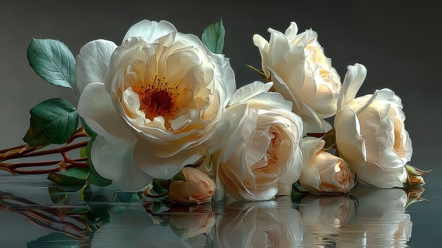 Elegant white roses display on a reflective surface in a soft light environment showcasing their delicate beauty and intricate details photo
