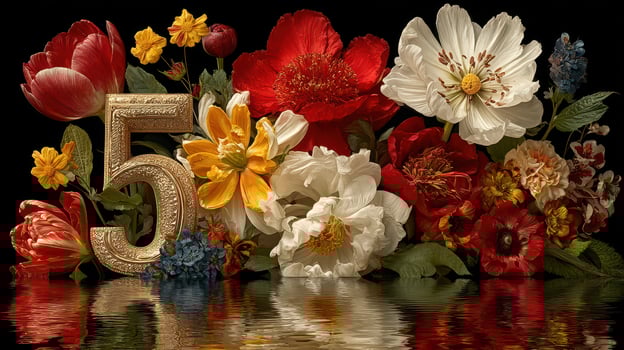 Colorful floral arrangement with number five reflecting in water for special occasion celebration photo
