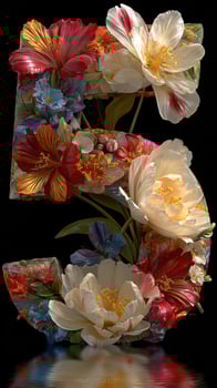 Floral arrangement forms the number five in vibrant colors against a dark background photo