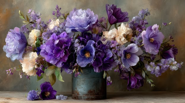 Vibrant purple floral arrangement in an antique container displayed on a rustic table with neutral background photo