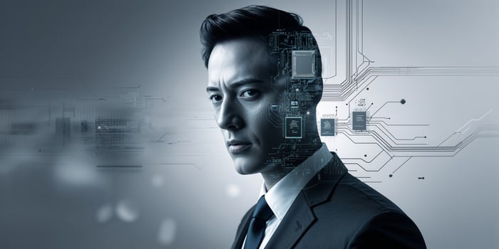 Innovative blend of technology and human emotion represented in a striking portrait of a man in a suit during a futuristic setting photo