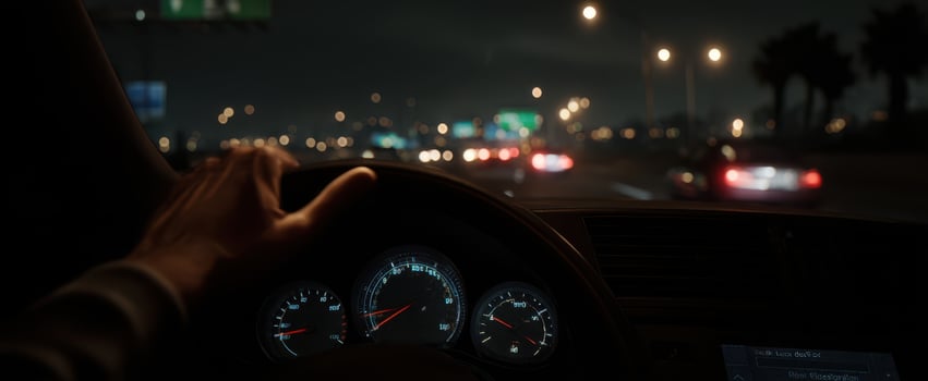 The hand gripping the steering wheel in a night-time driving scene. photo