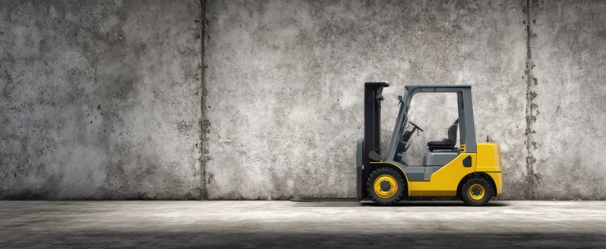 The forklift positioned against a textured concrete wall in an industrial setting. photo