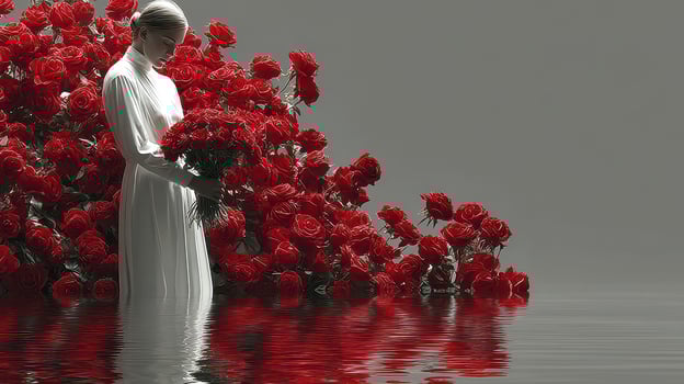 Woman in white dress standing among blooming red roses in tranquil water landscape photo
